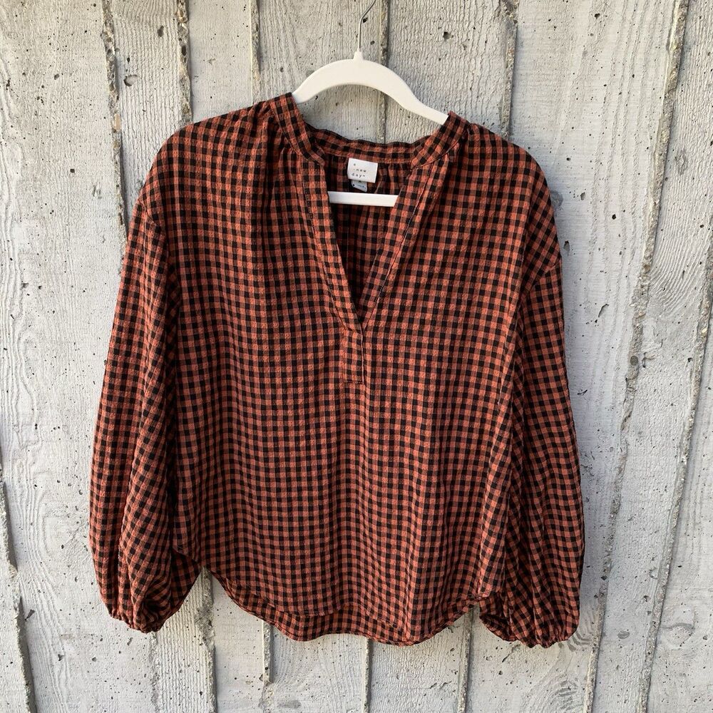 Women's Balloon Sleeve Split V-Neck Popover Top Gingham Cottagecore Prairie M